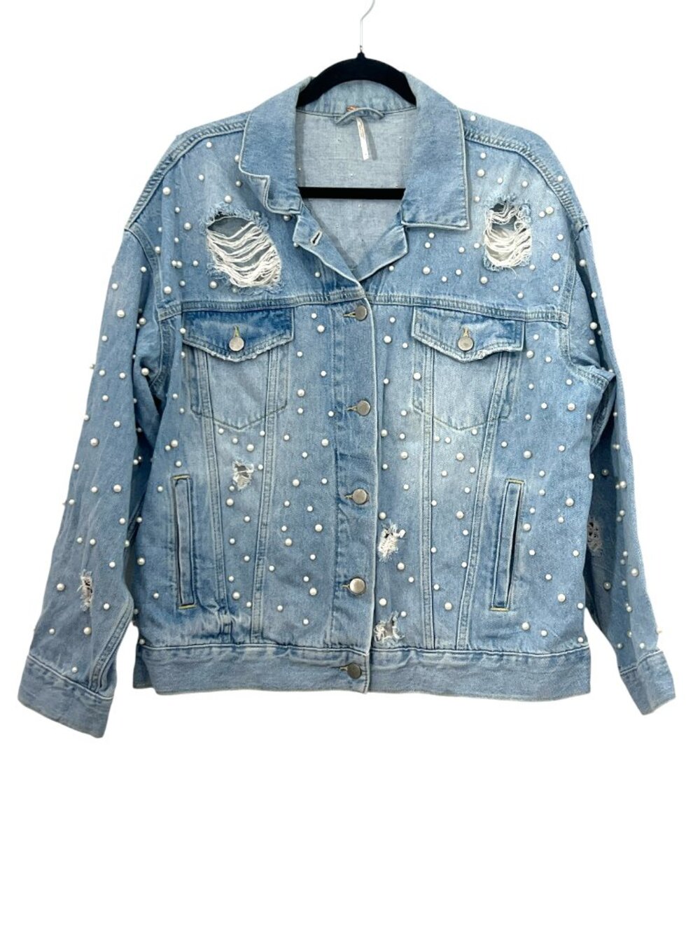 Free People Sunday Funday Pearl Distressed Denim Trucker Jacket Small Pre-Loved
